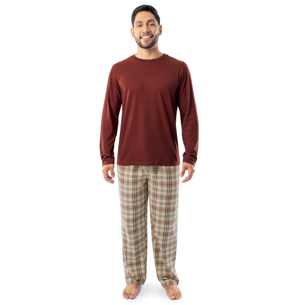 Fruit of the Loom Men's Jersey Knit Top and Flannel Pant Pajama Sleep Set, Red/Khaki Plaid, Small