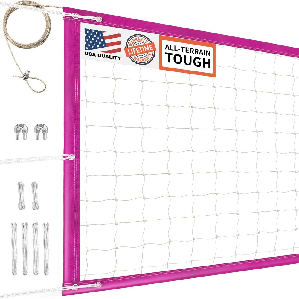 DDVLG Professional Volleyball Net Heavy Duty Outdoor, Upgraded Weather Performance with 46FT High-Tensile Steel Cable, Reinforced Borders, Ideal for Indoor/Outdoor - 32x3FT, Pink (Net Only)