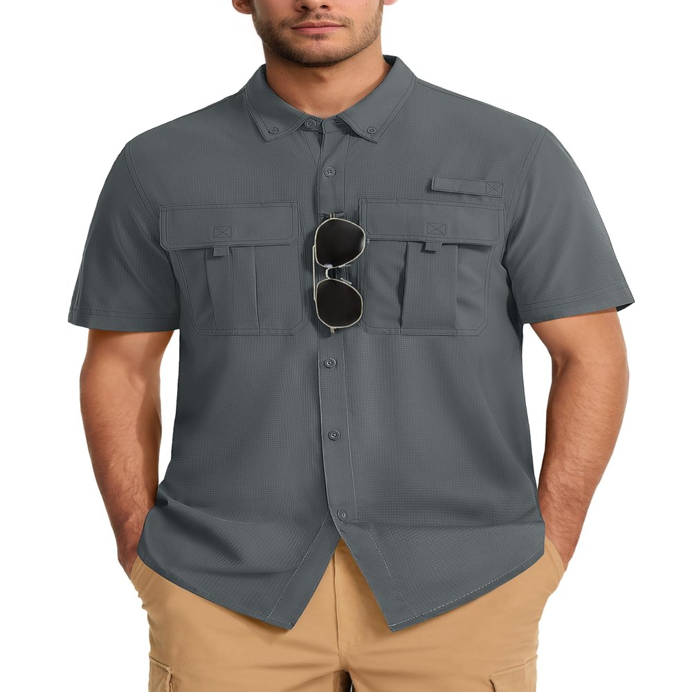 MAGCOMSEN Mens UV Fishing Shirts Short Sleeve Cooling Breathable Lightweight Outdoor Shirts Safari Hiking Camp Casual Dark Grey S