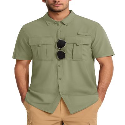 MAGCOMSEN Cooling Shirts for Men UV Sun Protection Fishing Shirts Lightweight Short Sleeve Shirts for Hot Weather Summer Hiking Grey Green M