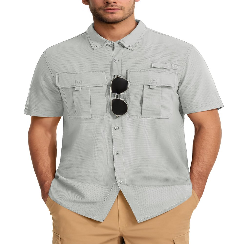 MAGCOMSEN Mens UV Protection Fishing Shirts SPF 50+ Cooling Quick Dry Button Down Short Sleeve Shirts Hiking Safari Travel Work Light Grey XL