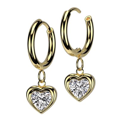 18GA 316L Stainless Steel CZ Crystal Heart Dangling Huggie Hoop Earrings, Sold as a Pair (Gold Tone)