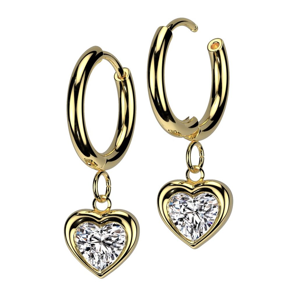 18GA 316L Stainless Steel CZ Crystal Heart Dangling Huggie Hoop Earrings, Sold as a Pair (Gold Tone)