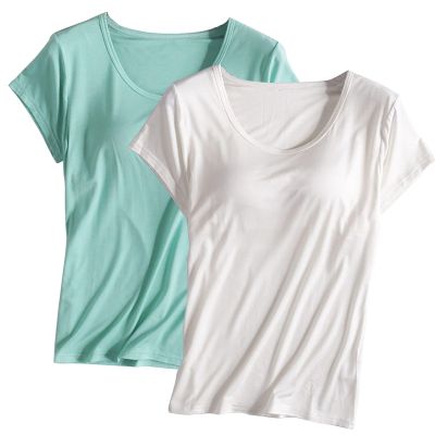 2PCS T-Shirt with Built-in Bra Women Workout Yoga Tops Short Sleeve Padded Bras Soft Pajama Plus Size Athletic Shirts