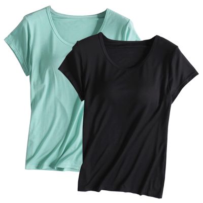 2PCS T-Shirt with Built-in Bra Women Workout Yoga Tops Short Sleeve Padded Bras Soft Pajama Plus Size Athletic Shirts