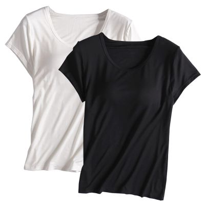2PCS T-Shirt with Built-in Bra Women Workout Yoga Tops Short Sleeve Padded Bras Soft Pajama Plus Size Athletic Shirts