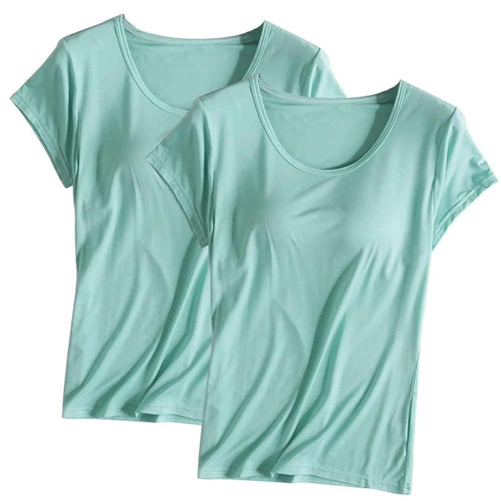 2PCS T-Shirt with Built-in Bra Women Workout Yoga Tops Short Sleeve Padded Bras Soft Pajama Plus Size Athletic Shirts