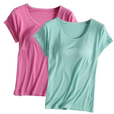 2PCS T-Shirt with Built-in Bra Women Workout Yoga Tops Short Sleeve Padded Bras Soft Pajama Plus Size Athletic Shirts