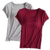 2PCS T-Shirt with Built-in Bra Women Workout Yoga Tops Short Sleeve Padded Bras Soft Pajama Plus Size Athletic Shirts