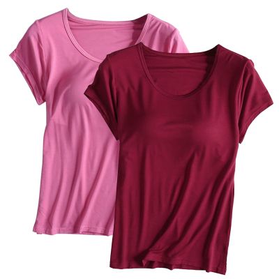 2PCS T-Shirt with Built-in Bra Women Workout Yoga Tops Short Sleeve Padded Bras Soft Pajama Plus Size Athletic Shirts
