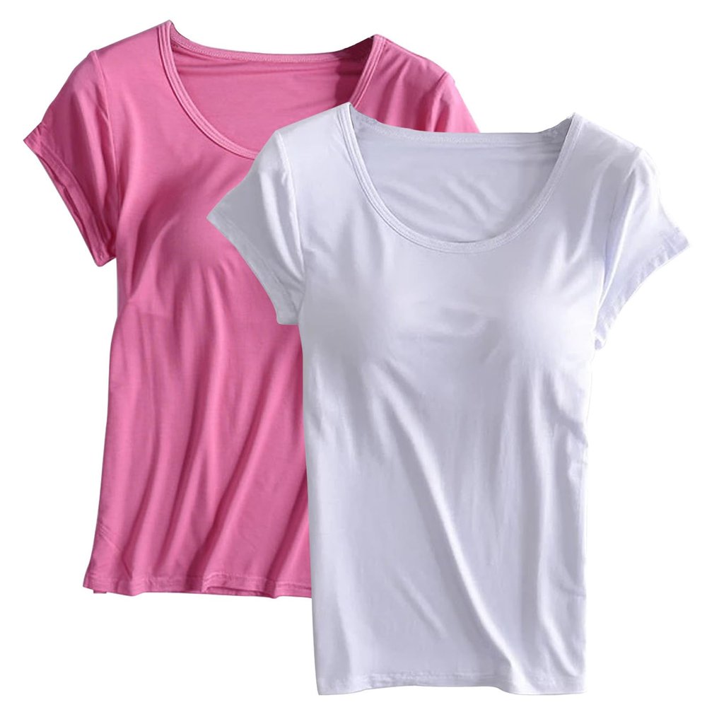 2PCS T-Shirt with Built-in Bra Women Workout Yoga Tops Short Sleeve Padded Bras Soft Pajama Plus Size Athletic Shirts