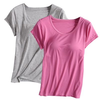 2PCS T-Shirt with Built-in Bra Women Workout Yoga Tops Short Sleeve Padded Bras Soft Pajama Plus Size Athletic Shirts