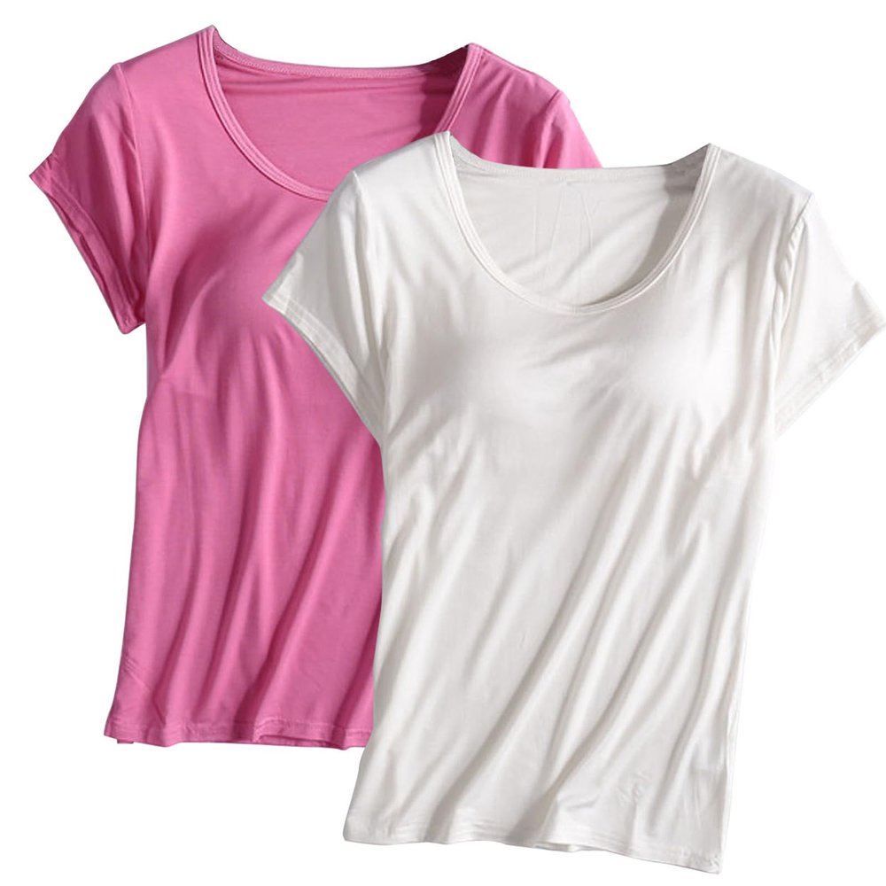 2PCS T-Shirt with Built-in Bra Women Workout Yoga Tops Short Sleeve Padded Bras Soft Pajama Plus Size Athletic Shirts