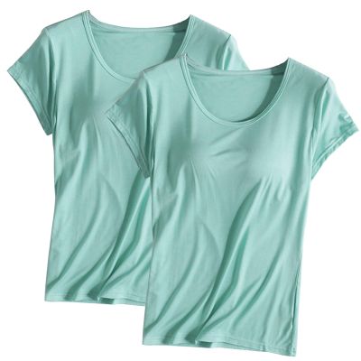 2PCS T-Shirt with Built-in Bra Women Workout Yoga Tops Short Sleeve Padded Bras Soft Pajama Plus Size Athletic Shirts