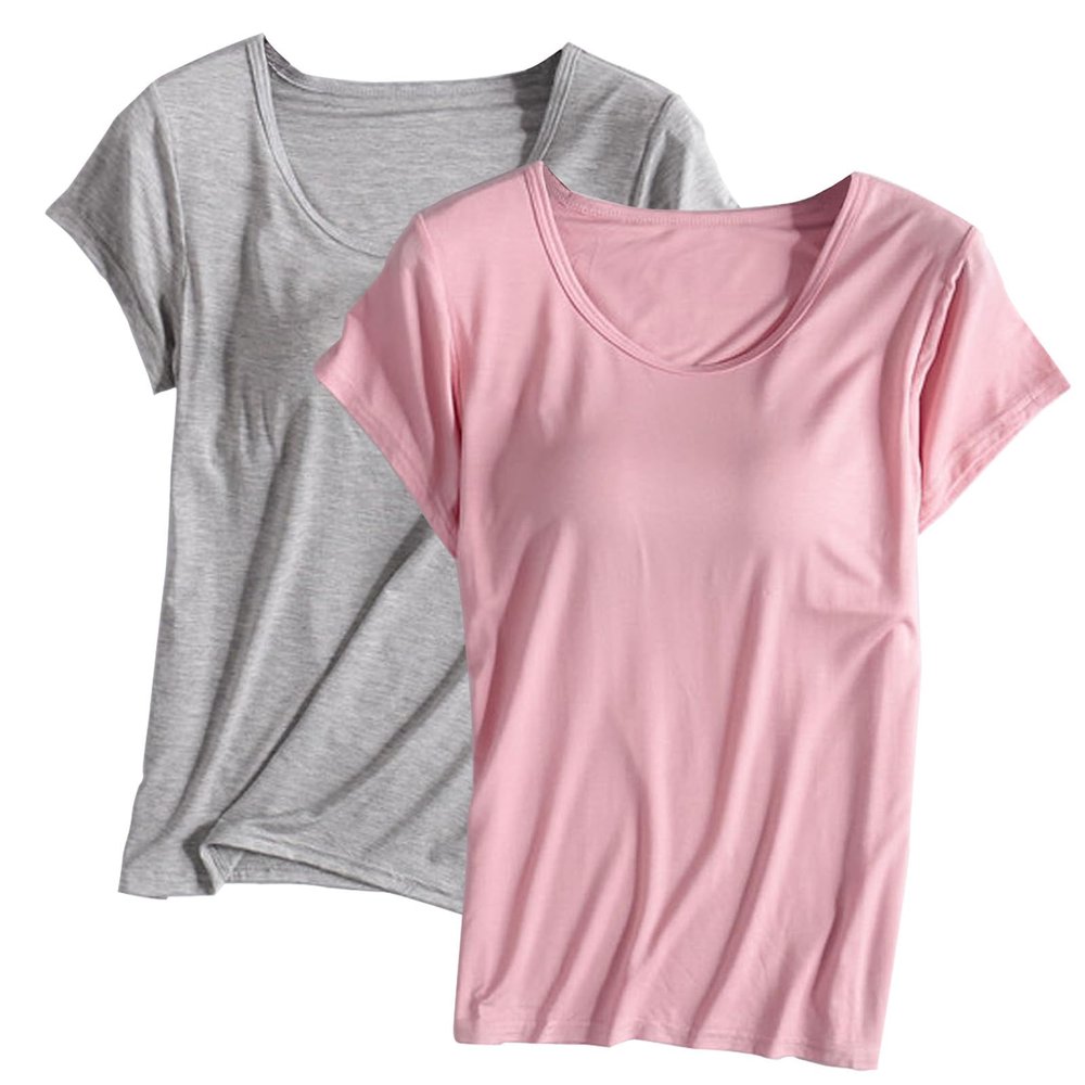 2PCS T-Shirt with Built-in Bra Women Workout Yoga Tops Short Sleeve Padded Bras Soft Pajama Plus Size Athletic Shirts