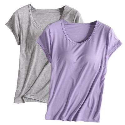 2PCS T-Shirt with Built-in Bra Women Workout Yoga Tops Short Sleeve Padded Bras Soft Pajama Plus Size Athletic Shirts