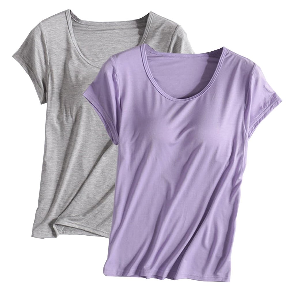 2PCS T-Shirt with Built-in Bra Women Workout Yoga Tops Short Sleeve Padded Bras Soft Pajama Plus Size Athletic Shirts