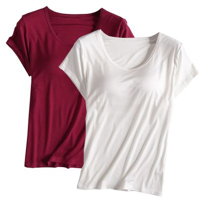 2PCS T-Shirt with Built-in Bra Women Workout Yoga Tops Short Sleeve Padded Bras Soft Pajama Plus Size Athletic Shirts