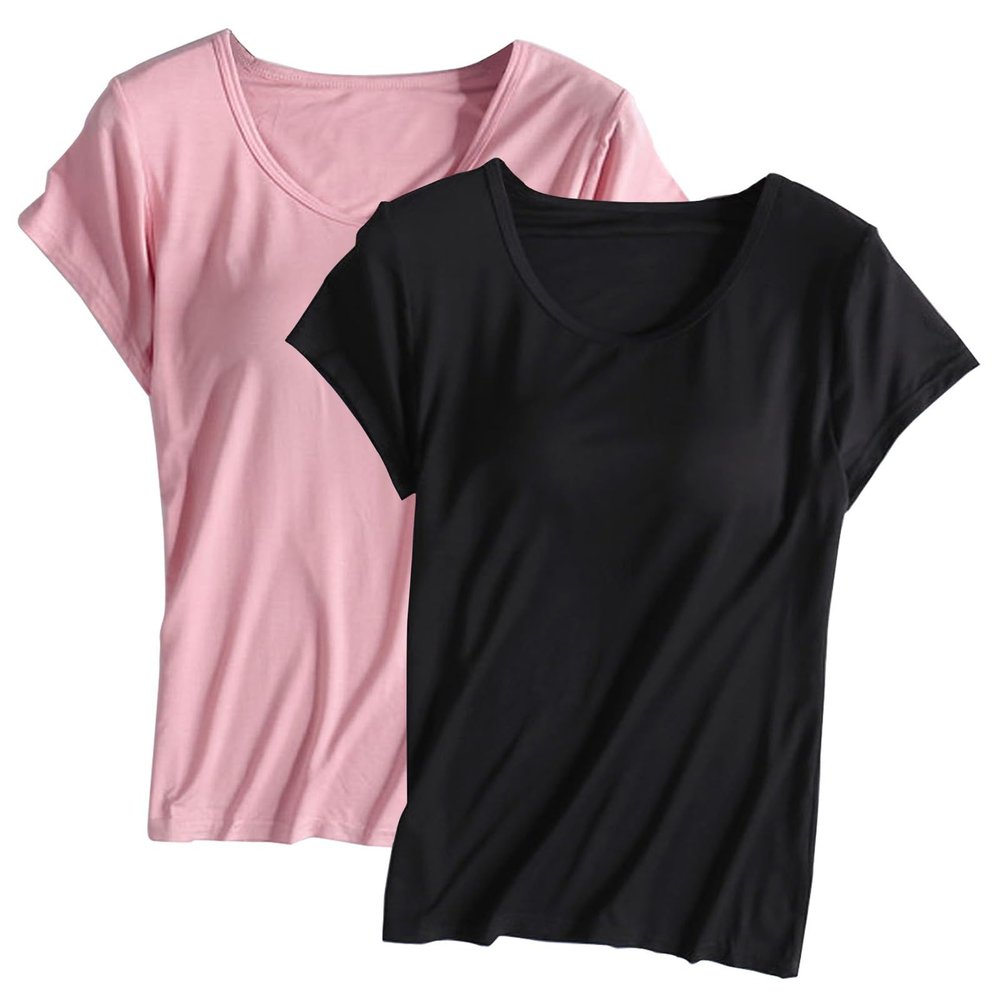 2PCS T-Shirt with Built-in Bra Women Workout Yoga Tops Short Sleeve Padded Bras Soft Pajama Plus Size Athletic Shirts