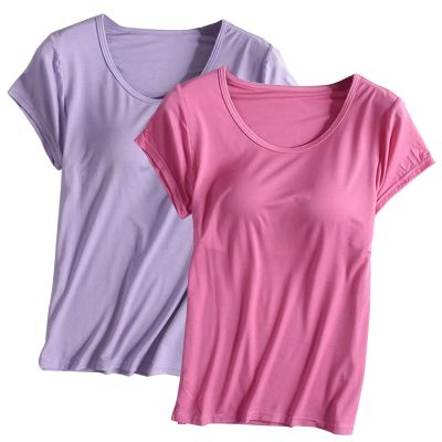 2PCS T-Shirt with Built-in Bra Women Workout Yoga Tops Short Sleeve Padded Bras Soft Pajama Plus Size Athletic Shirts