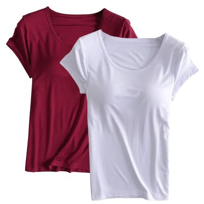 2PCS T-Shirt with Built-in Bra Women Workout Yoga Tops Short Sleeve Padded Bras Soft Pajama Plus Size Athletic Shirts