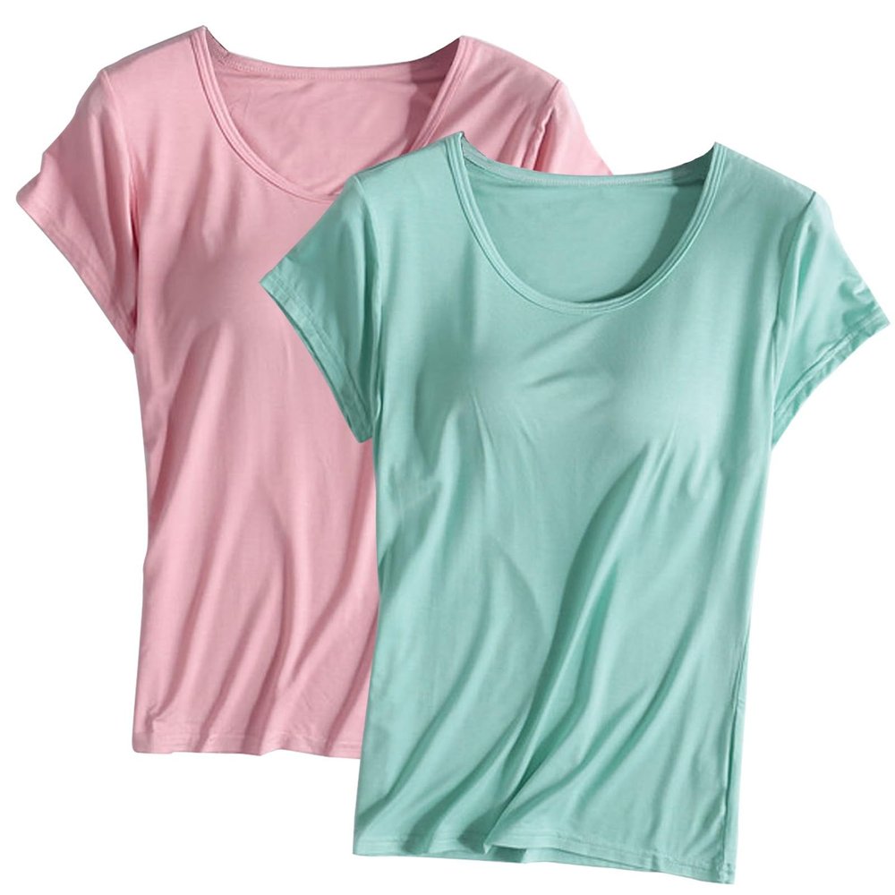 2PCS T-Shirt with Built-in Bra Women Workout Yoga Tops Short Sleeve Padded Bras Soft Pajama Plus Size Athletic Shirts