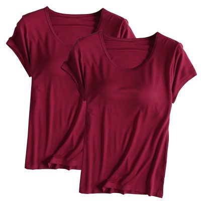 2PCS T-Shirt with Built-in Bra Women Workout Yoga Tops Short Sleeve Padded Bras Soft Pajama Plus Size Athletic Shirts