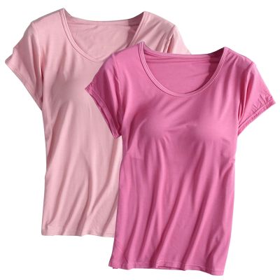2PCS T-Shirt with Built-in Bra Women Workout Yoga Tops Short Sleeve Padded Bras Soft Pajama Plus Size Athletic Shirts