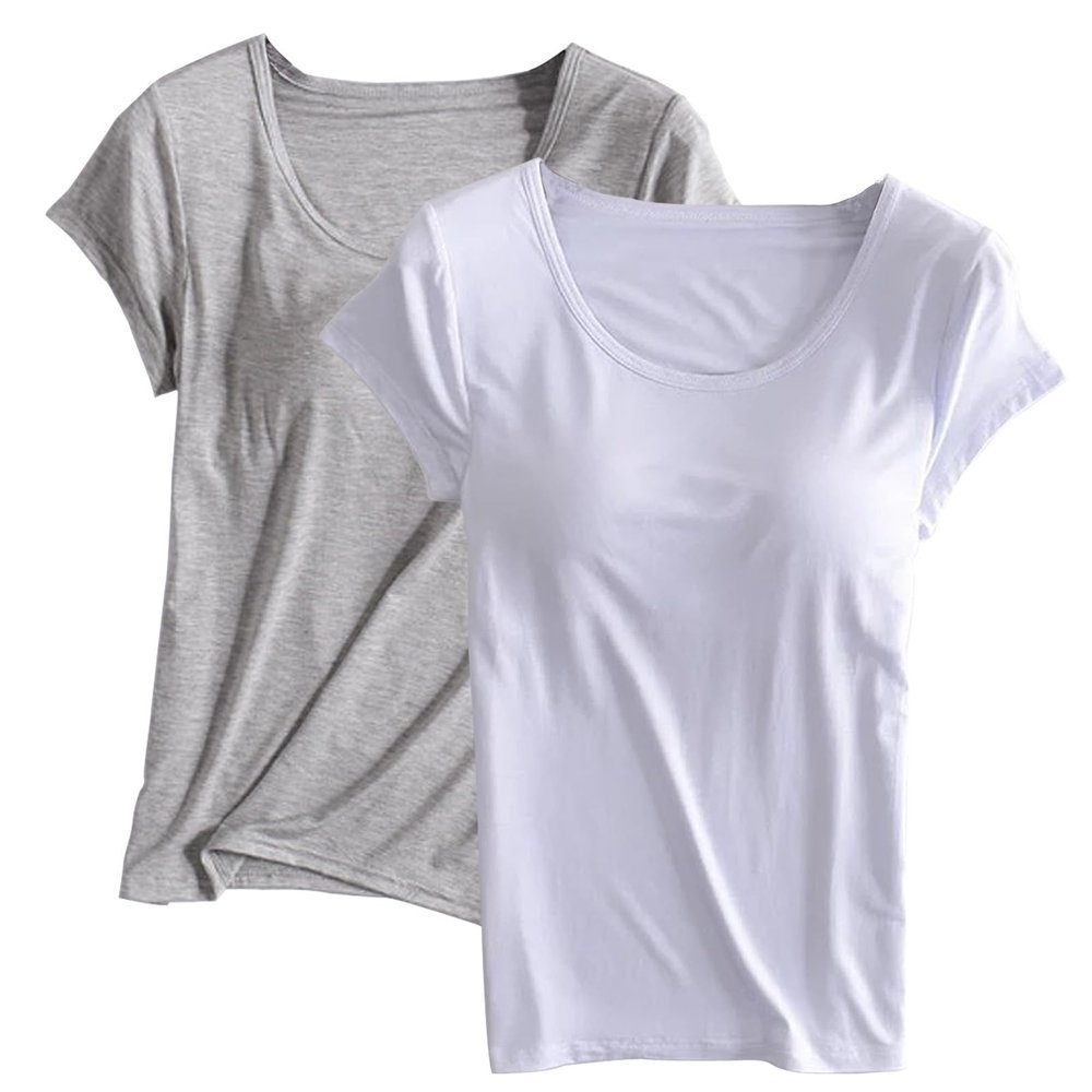 2PCS T-Shirt with Built-in Bra Women Workout Yoga Tops Short Sleeve Padded Bras Soft Pajama Plus Size Athletic Shirts