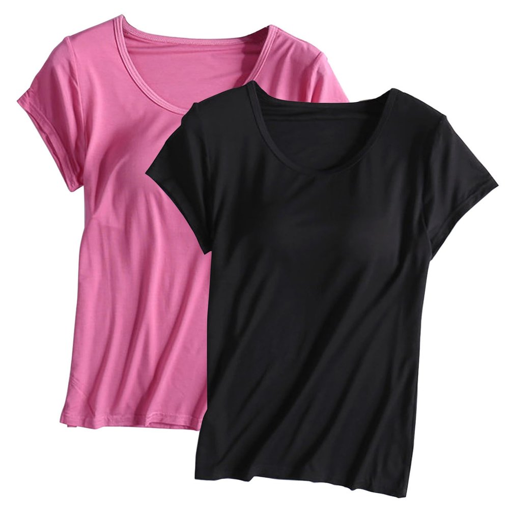 2PCS T-Shirt with Built-in Bra Women Workout Yoga Tops Short Sleeve Padded Bras Soft Pajama Plus Size Athletic Shirts