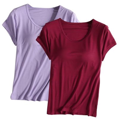 2PCS T-Shirt with Built-in Bra Women Workout Yoga Tops Short Sleeve Padded Bras Soft Pajama Plus Size Athletic Shirts