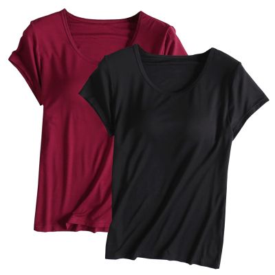 2PCS T-Shirt with Built-in Bra Women Workout Yoga Tops Short Sleeve Padded Bras Soft Pajama Plus Size Athletic Shirts