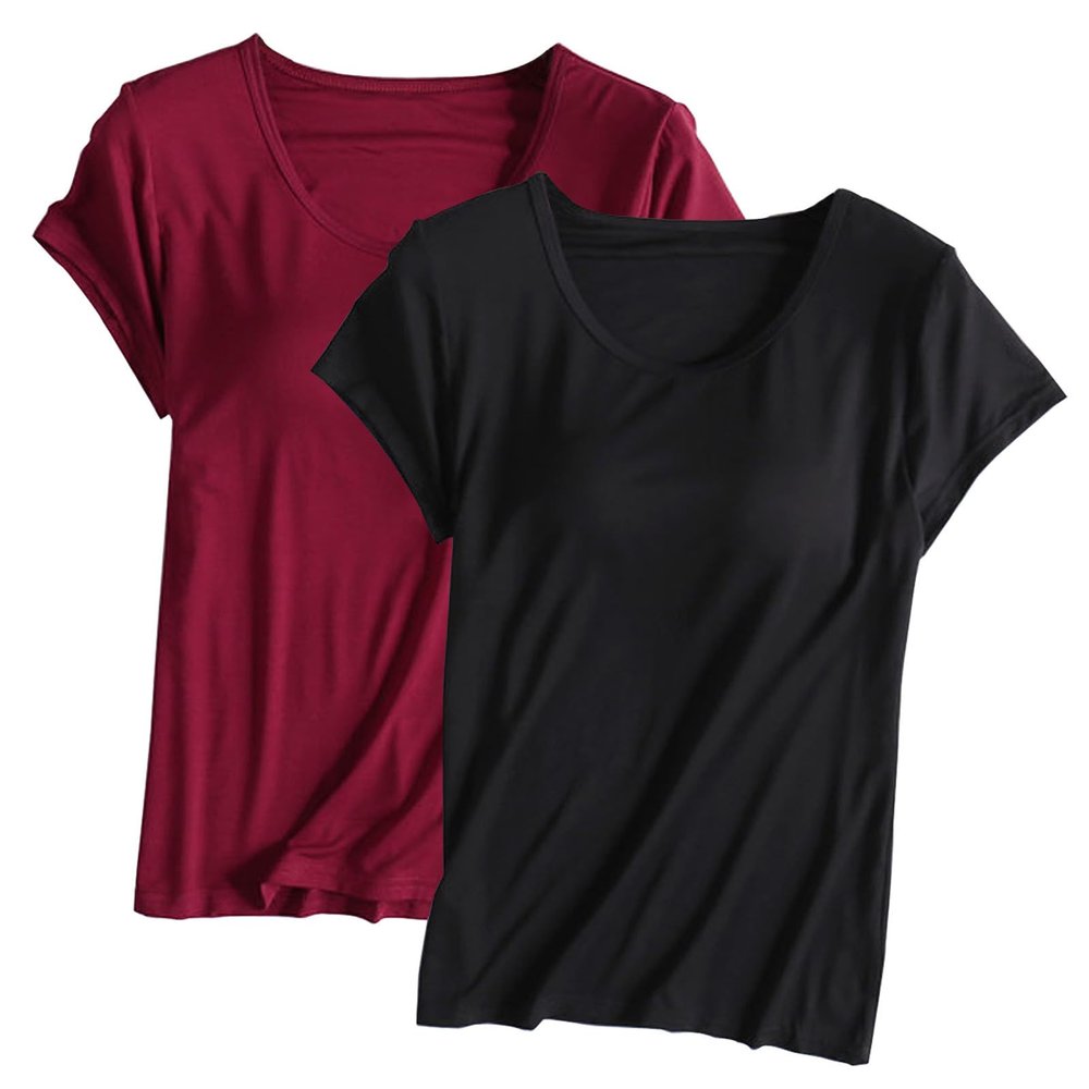 2PCS T-Shirt with Built-in Bra Women Workout Yoga Tops Short Sleeve Padded Bras Soft Pajama Plus Size Athletic Shirts