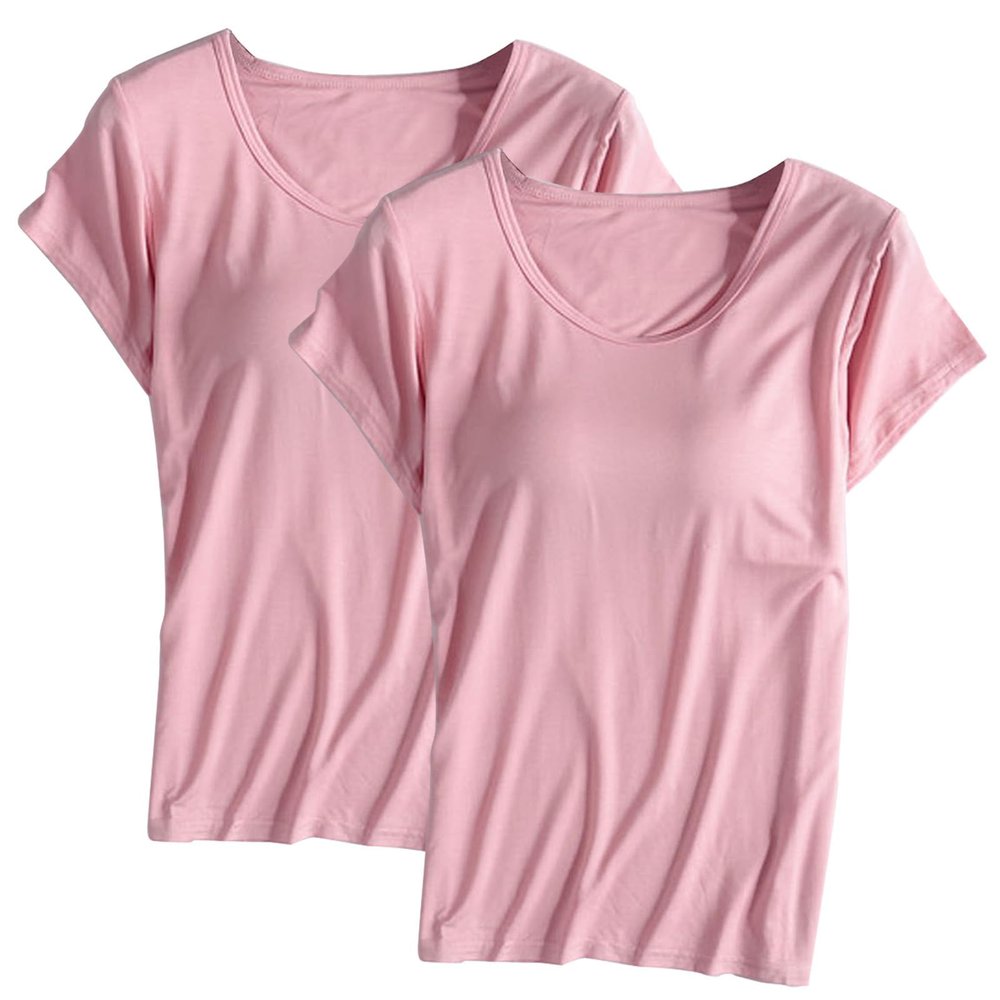 2PCS T-Shirt with Built-in Bra Women Workout Yoga Tops Short Sleeve Padded Bras Soft Pajama Plus Size Athletic Shirts