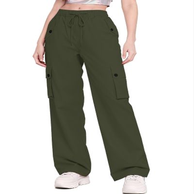 Betusline Girl's High Waist Wide Leg Cargo Pants Y2K Parachute Pants with Pockets and Drawstring, Army Green, 9-10 Years = Tag 150