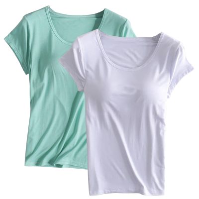 2PCS T-Shirt with Built-in Bra Women Workout Yoga Tops Short Sleeve Padded Bras Soft Pajama Plus Size Athletic Shirts