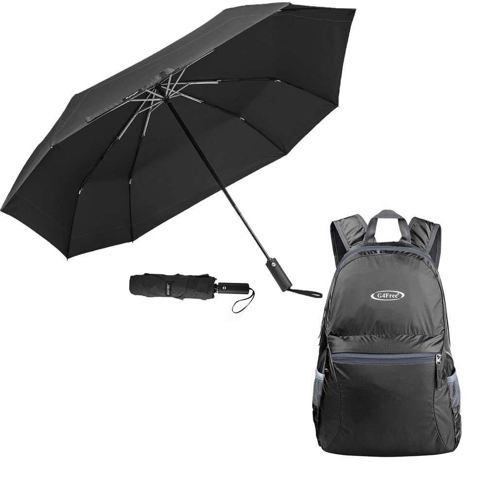 G4Free 20L Lightweight Packable Hiking Backpack + 54 Inch Automatic Large Golf Folding WindProod Compact Umbrella for Travel Hiking