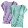 2PCS T-Shirt with Built-in Bra Women Workout Yoga Tops Short Sleeve Padded Bras Soft Pajama Plus Size Athletic Shirts