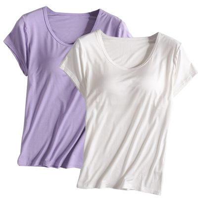 2PCS T-Shirt with Built-in Bra Women Workout Yoga Tops Short Sleeve Padded Bras Soft Pajama Plus Size Athletic Shirts