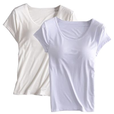 2PCS T-Shirt with Built-in Bra Women Workout Yoga Tops Short Sleeve Padded Bras Soft Pajama Plus Size Athletic Shirts