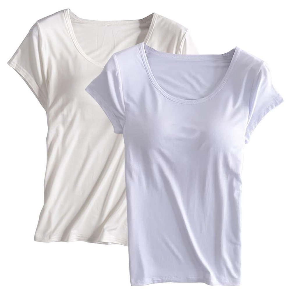 2PCS T-Shirt with Built-in Bra Women Workout Yoga Tops Short Sleeve Padded Bras Soft Pajama Plus Size Athletic Shirts