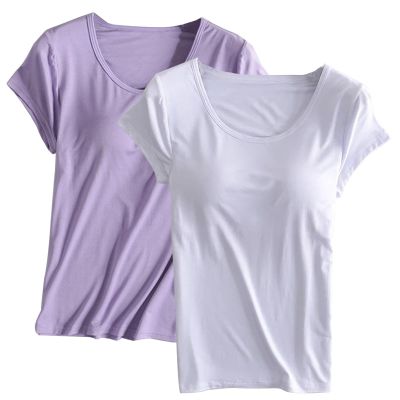 2PCS T-Shirt with Built-in Bra Women Workout Yoga Tops Short Sleeve Padded Bras Soft Pajama Plus Size Athletic Shirts