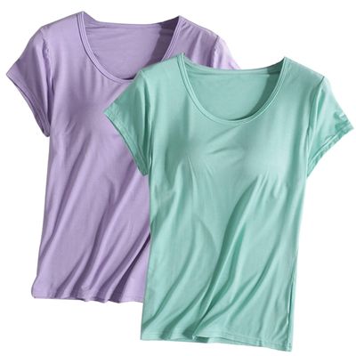 2PCS T-Shirt with Built-in Bra Women Workout Yoga Tops Short Sleeve Padded Bras Soft Pajama Plus Size Athletic Shirts