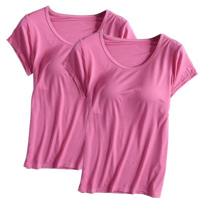 2PCS T-Shirt with Built-in Bra Women Workout Yoga Tops Short Sleeve Padded Bras Soft Pajama Plus Size Athletic Shirts