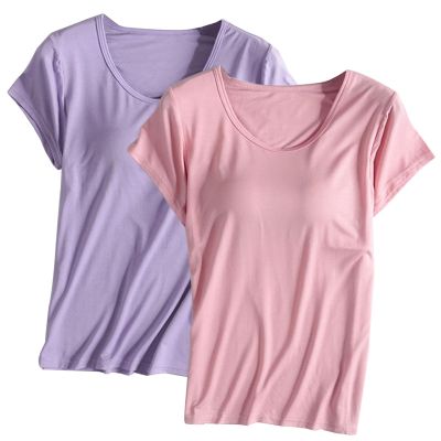 2PCS T-Shirt with Built-in Bra Women Workout Yoga Tops Short Sleeve Padded Bras Soft Pajama Plus Size Athletic Shirts