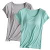 2PCS T-Shirt with Built-in Bra Women Workout Yoga Tops Short Sleeve Padded Bras Soft Pajama Plus Size Athletic Shirts