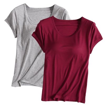 2PCS T-Shirt with Built-in Bra Women Workout Yoga Tops Short Sleeve Padded Bras Soft Pajama Plus Size Athletic Shirts