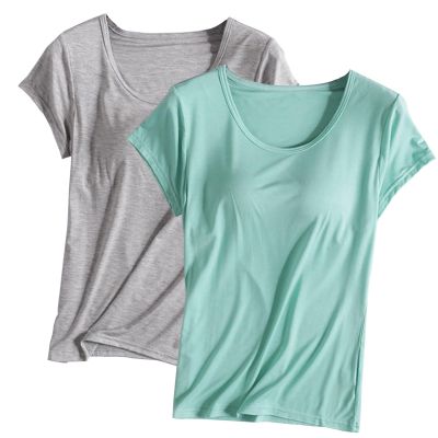 2PCS T-Shirt with Built-in Bra Women Workout Yoga Tops Short Sleeve Padded Bras Soft Pajama Plus Size Athletic Shirts