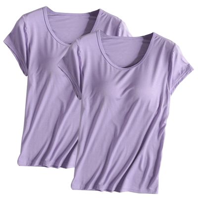 2PCS T-Shirt with Built-in Bra Women Workout Yoga Tops Short Sleeve Padded Bras Soft Pajama Plus Size Athletic Shirts
