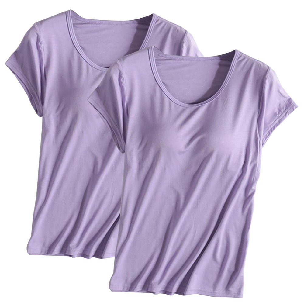 2PCS T-Shirt with Built-in Bra Women Workout Yoga Tops Short Sleeve Padded Bras Soft Pajama Plus Size Athletic Shirts